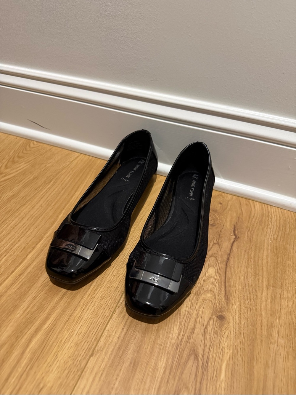 Anne Klein Black Patent and Fabric Ballet Flats with Buckle Accent - Picture 2 of 5